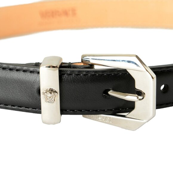 Versace Black 100% Leather Silver Medusa Head Logo Decorated Belt US 22 IT 55 - Picture 2 of 4